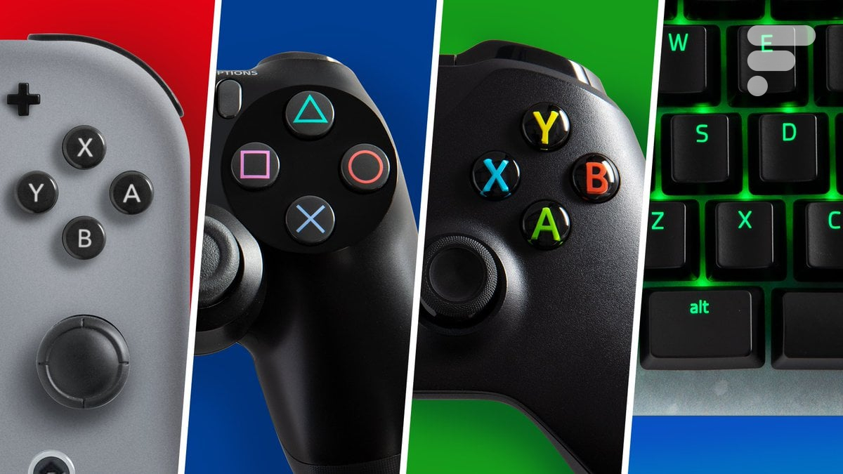 L,image est divisé en 4 avec trois manettes de consoles différente et un clavier d'ordinateur