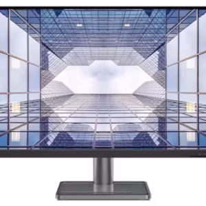 Moniteur d'ordinateur de face avec un écran plat de 31,5 pouces et un pied de support rectangulaire gris, affichant un fond d'écran graphique représentant une perspective architecturale futuriste en verre et en métal sous un ciel clair.