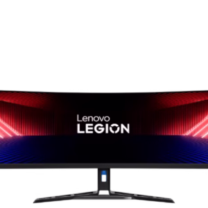 Moniteur de jeu ultra-large incurvé Lenovo Legion de 44,5 pouces avec un pied de support articulé, affichant le logo "Lenovo LEGION" au centre de l'écran sur un fond noir avec des faisceaux lumineux verticaux rouges.