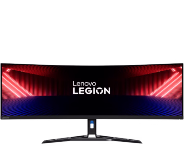 Moniteur de jeu ultra-large incurvé Lenovo Legion de 44,5 pouces avec un pied de support articulé, affichant le logo "Lenovo LEGION" au centre de l'écran sur un fond noir avec des faisceaux lumineux verticaux rouges.