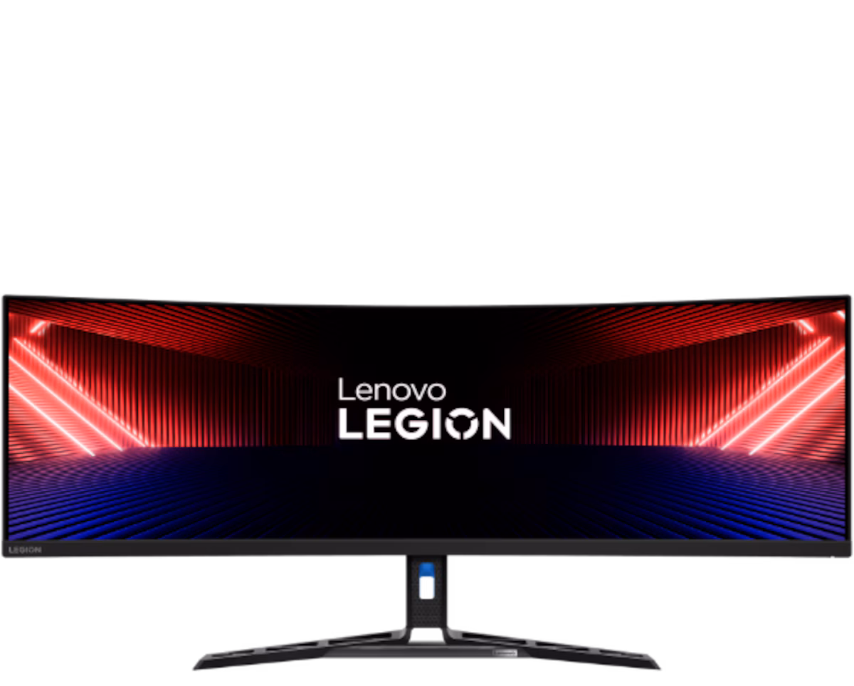 Moniteur de jeu ultra-large incurvé Lenovo Legion de 44,5 pouces avec un pied de support articulé, affichant le logo "Lenovo LEGION" au centre de l