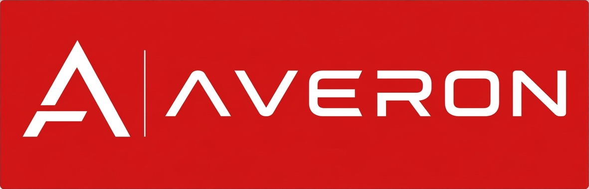 Logo de l'entreprise Averon composé d'un grand 'A' stylisé à gauche séparé par une fine ligne verticale blanche du nom 'AVERON' écrit en lettres capitales blanches, le tout sur un fond rectangulaire rouge vif.