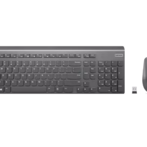 Ensemble sans fil de couleur gris tempête comprenant un clavier complet de disposition américaine (QWERTY), une souris optique et son récepteur USB sans fil, présentés sur un fond transparent.